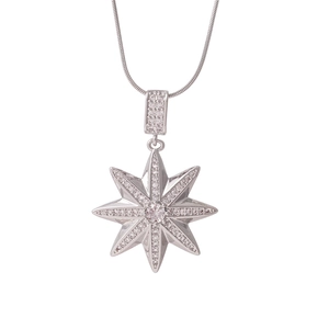Silver octagonal star pendant necklace with white crystals on a sleek snake chain