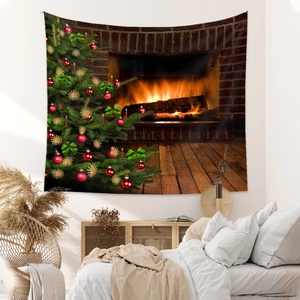 Detailed view of Christmas tapestry featuring a cozy fireplace and decorated tree