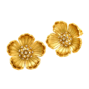 Elegant gold flower stud earrings with sparkling crystals and a matte metallic finish