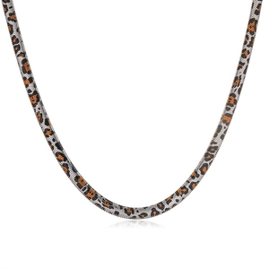 Detail of 6mm stainless steel flat snake chain necklace with brown leopard print