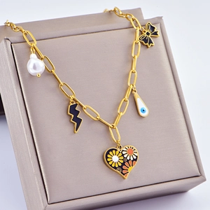 Collier Coeur Fleur Noeud Acier Inoxydable Plaqué Or Émail Künstliche Perle Mauvais Oeil Éclairs Charmes Bijoux Femmes