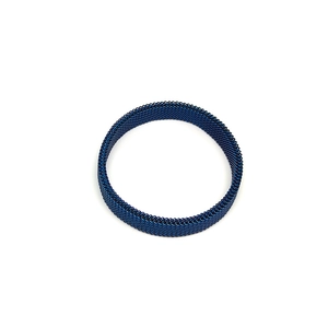 Close-up of deep blue woven stainless steel mesh ring with fine metallic texture