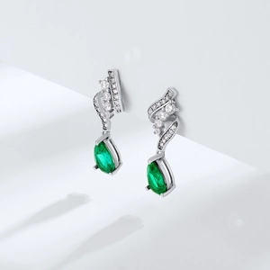 S925 silver teardrop emerald earrings with lab-grown green stones and diamond accents