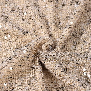 Macro di tessuto a rete con paillettes color champagne con trame nere e glitter lucidi