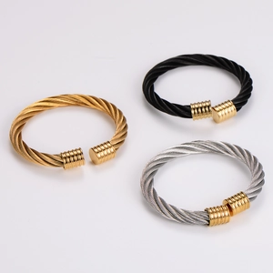 Minimalist stainless steel twisted cable open bangles in gold, silver, and black finishes