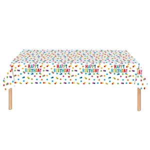 Disposable birthday tablecloth with colorful polka dots and Happy Birthday print design