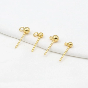 Detail of 14K gold plated sphere stud earrings with hanging loops for DIY jewelry making
