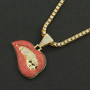 Hiphop gold necklace with pink diamond lip pendant on iced out tennis chain