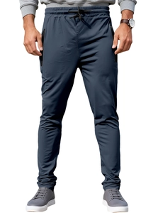 Detail of navy blue men's joggers showing drawstring waist and side zipper pockets