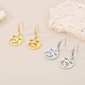 Fashionable MOM letter pendant earrings in gold and silver finish with hollow footprints