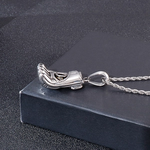 Silver punk boxing glove pendant necklace with stones on a twisted rope chain