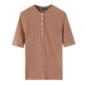 Brown linen blend short sleeve Henley T-shirt with multiple buttons on a white background
