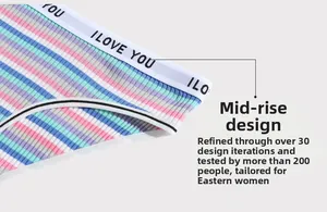 Detail of multi-colored striped cotton panties with a wide elastic I LOVE YOU waistband