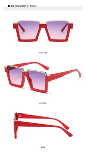 Multi-angle views of square frame trendy glasses in red with purple-pink gradient lenses