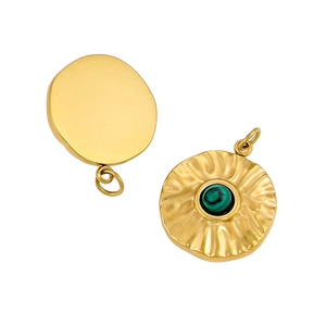 Detail of gold-plated pendant set featuring textured surface and green malachite inlay