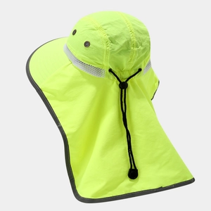 Detail view of fluorescent yellow sun hat with long neck flap and white breathable mesh