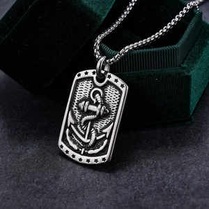 Vintage stainless steel nautical anchor pendant necklace with retro silver relief finish