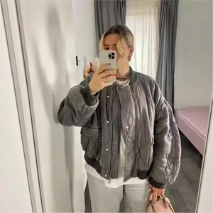 Veste Bomber Rembourrée Pour Femme Motif Vagues Coupe Décontractée Vintage Manteau Chaud À Boutons-Pression Avec Poches