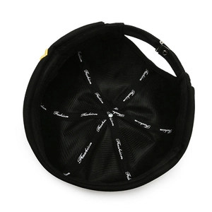 Black corduroy miki hat with yellow embroidery and adjustable metal strap back