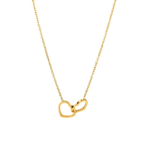 18K gold plated stainless steel double interlocking heart pendant necklace on white background