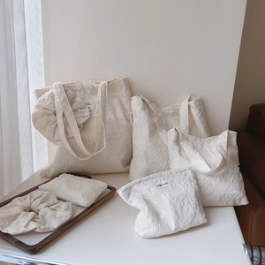 Floral embroidery cotton tote bag set with small pouch and hair scrunchies in cream white