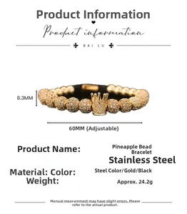 Detail of 8.3mm gold stainless steel crown bracelet with adjustable elastic band and zircon