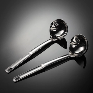 Set of two polished 304 stainless steel fat separator spoons with oil strainer spout