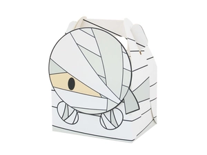 Detail of Mummy themed Halloween paper treat box with handle and cartoon graphics