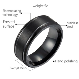 Close-up of 8mm black brushed stainless steel wedding ring with dimensions and specs