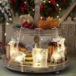 LED Christmas acrylic deer and house ornaments set with warm lights on wood tray
