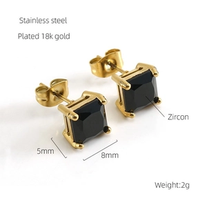 Detailed macro view of square black zircon earrings in 18k gold plated stainless steel