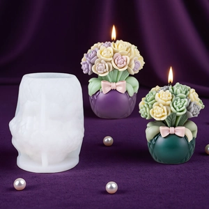 Silicone mold for DIY flower basket candles featuring intricate floral bouquet and bow base