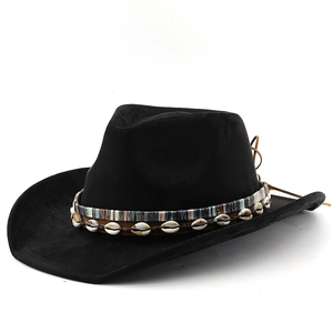 Black faux suede western cowboy hat with ethnic woven band and authentic shell accents