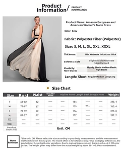 Detailed size chart for the grey V-neck sleeveless evening maxi dress in polyester