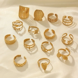 13-piece vintage 18k gold plated stainless steel ring set with shell and heart charms