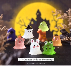 Macro shot of 6-piece Halloween miniature resin animal set with ghost and rabbit figurines