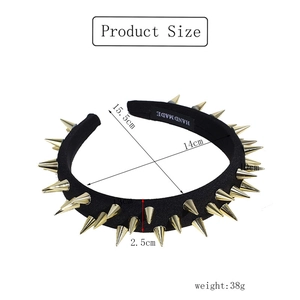 Detailed dimensions of punk style black headband with gold cone studs weight 38g
