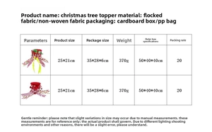 Detailed size specifications table for the foldable Christmas tree topper with witch legs
