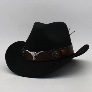 Black felt cowboy hat with brown leather band and silver longhorn bull head accessory