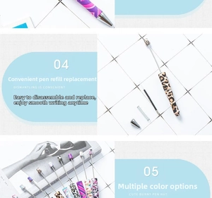 Detail of DIY beadable plastic pens showing disassembled parts and assorted floral patterns