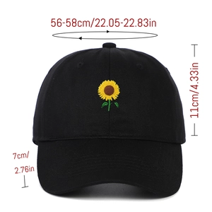 Detail view of sunflower baseball cap showing dimensions 56-58cm head circumference