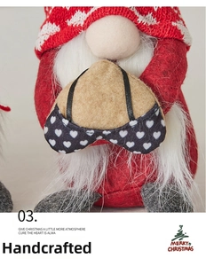 Close-up of handmade sewing details on a festive Christmas gnome plush decoration