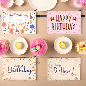 Happy Birthday Print Cosmetic Bag Polyester Large Makeup Pouch For Women Travel Daily Storage Zipper Bag Floral Pattern