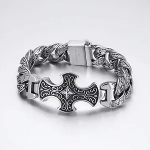 Men Vintage Gothic Cross Bracelet 316L Stainless Steel Retro Floral Carved Heavy Punk Biker Chain Jewelry