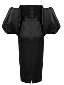 Detail of puff sleeves and back zipper on a black off-shoulder formal evening dress