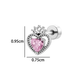 Süßer Herz-Kronen-Ohrstecker mit rosa Zirkon in Silberoptik inklusive Abmessungen
