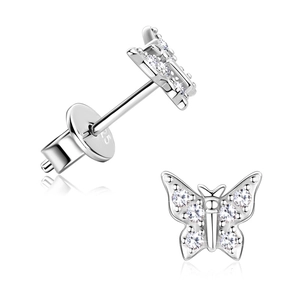 Sparkling S925 sterling silver butterfly stud earrings with shiny zircon stones