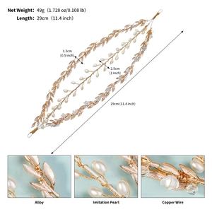 Baroque bridal headband detail with dimensions of alloy leaves and imitation pearls