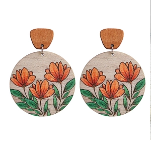 Boucles d'oreilles bohèmes en bois avec tournesols peints à la main sur pendentifs ronds