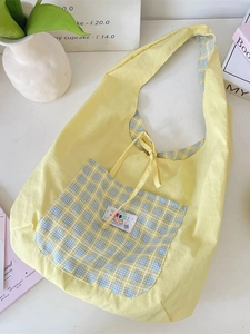 Korean style lightweight yellow hobo bag with artistic blue plaid pocket and tie-up closure